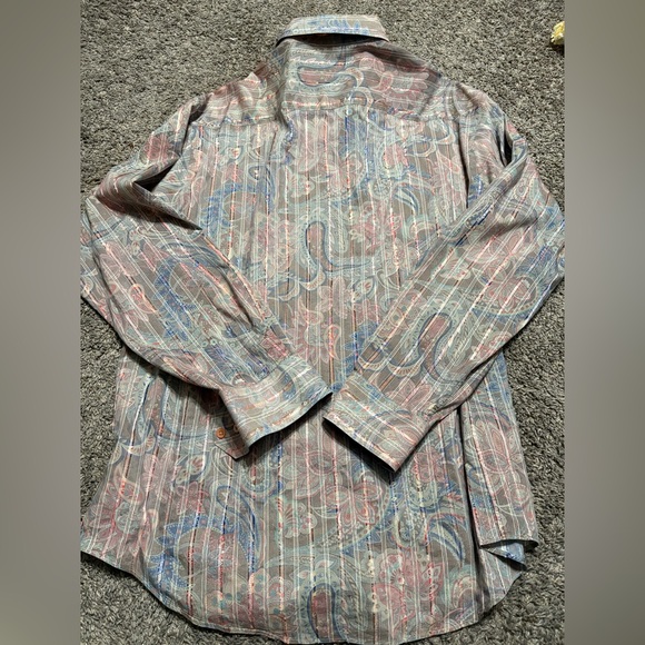 Bugatchi Uomo Shirt Mens XL Pastel‎ Green Orange Paisley Floral Ruffle Botanical - Picture 9 of 12